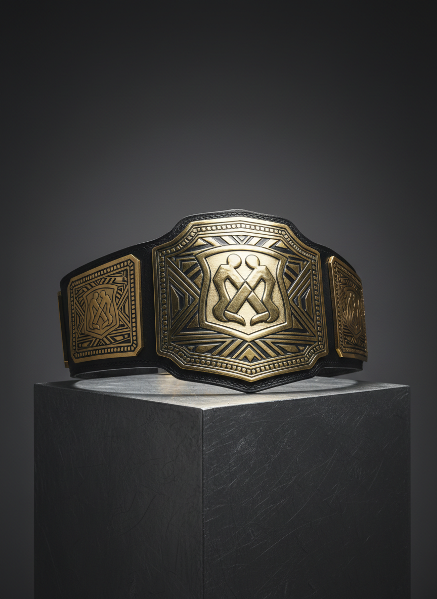 An intricately detailed, heavyweight black leather wrestling championship belt with gold-plated plates and embossed center medallion depicting dynamic geometric patterns and a raised wrestling logo. The belt lies draped over a textured matte steel pedestal against a minimalist deep gray seamless backdrop. Sharp directional lighting from the left intensifies the gold and leather textures, casting crisp shadows and bright highlights across the surface, creating a sense of drama and intensity. The composition is centered with a shallow depth of field drawing attention to the ornate details while the background fades softly. The mood is bold and victorious, perfectly embodying the prestige of professional wrestling, captured with photographic realism and an unembellished, powerful aesthetic.